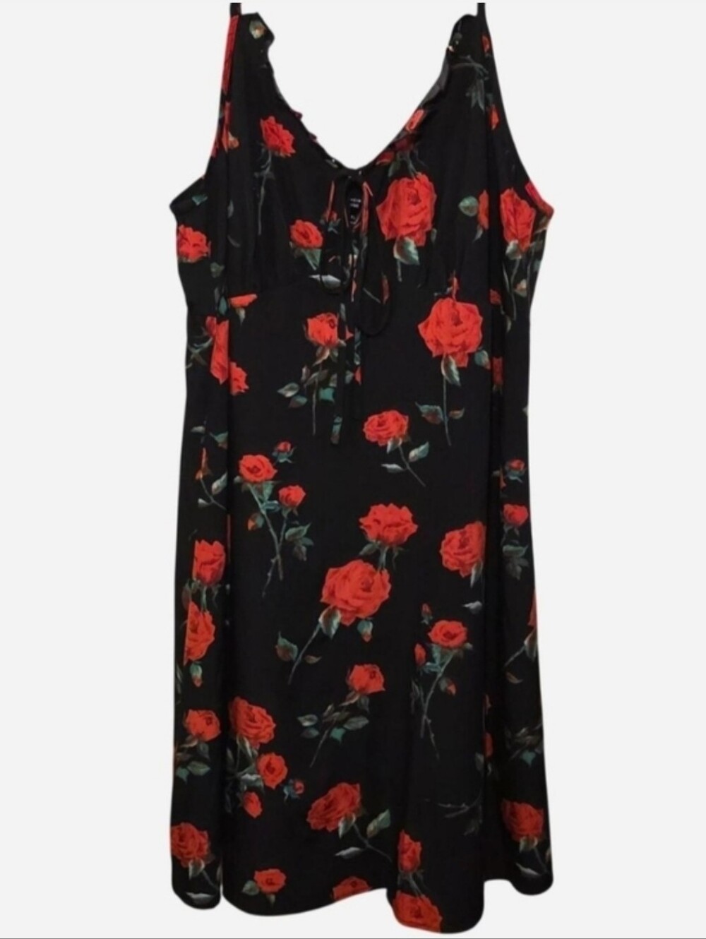 SHEIN Curve Black Midi Slip Dress w/Red Rose Print Ruffule & Tie Detail - Picture 3 of 11